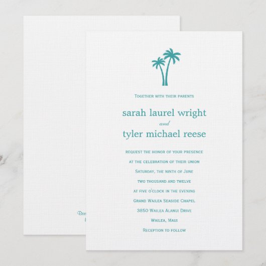 Palm Trees Wedding Invitation - White/Aqua Kaart (Voorkant / Achterkant)