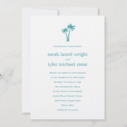 Palm Trees Wedding Invitation - White/Aqua Kaart (Voorkant)