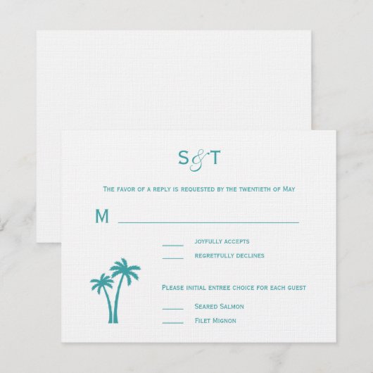 Palm Trees Wedding RSVP Card - White/Aqua Kaartje (Voorkant / Achterkant)