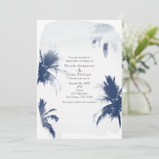 Palm Trees White Beachy Chic Wedding Invitations Kaart (Staand voorkant)