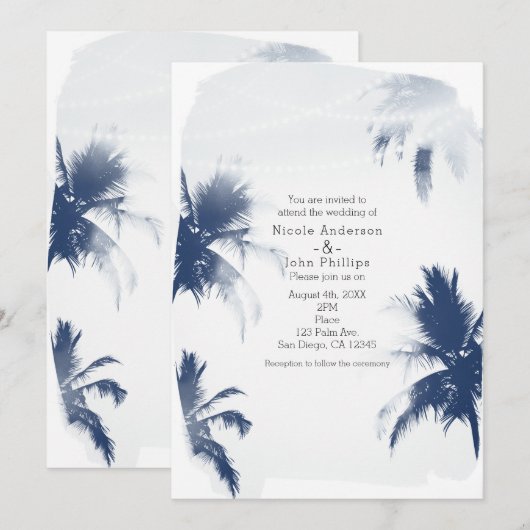 Palm Trees White Beachy Chic Wedding Invitations Kaart (Voorkant / Achterkant)