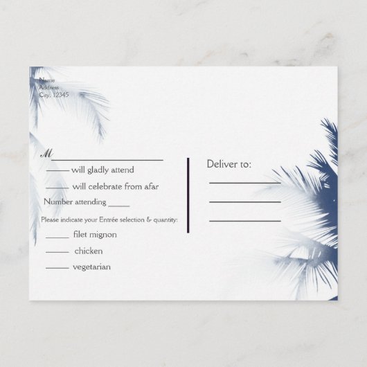 Palm Trees White Glamor Chic Modern Tropical RSVP Uitnodiging Briefkaart (Achterkant)