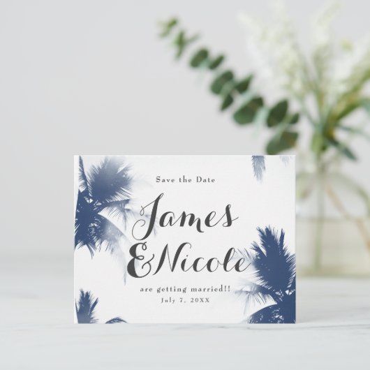 Palm Trees White Glamour Modern Save the Date Aankondigingskaart (Staand voorkant)