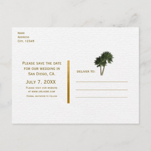Palm Trees White & Gold Elegant Save the Date Kaar Aankondigingskaart (Achterkant)