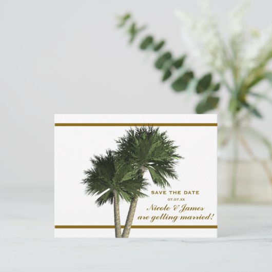 Palm Trees White & Gold Elegant Save the Date Kaar Aankondigingskaart (Staand voorkant)