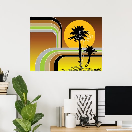 Palm Trepical Retro Beach Sunset Stripes Mod Poster (Thuiskantoor)