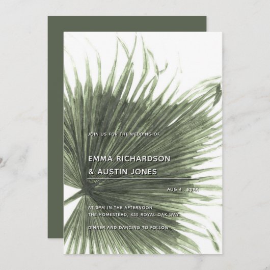Palm Tropical Botanical Leaf Wedding Invitation Kaart (Voorkant / Achterkant)