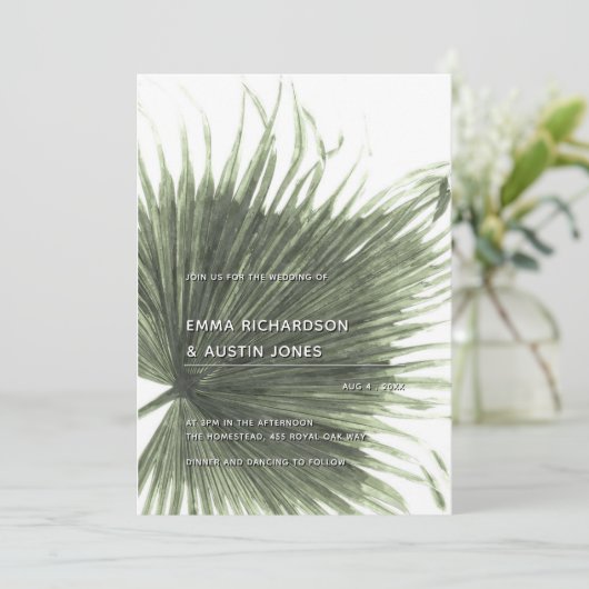 Palm Tropical Botanical Leaf Wedding Invitation Kaart (Staand voorkant)