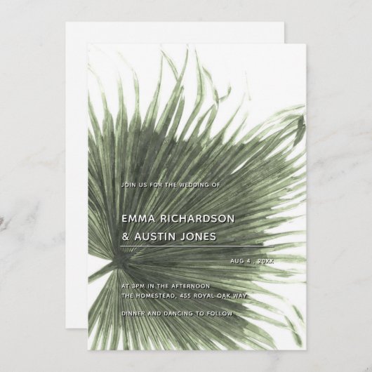 Palm Tropical Botanical Leaf Wedding Invitation Kaart (Voorkant / Achterkant)