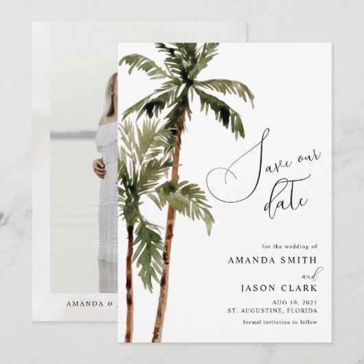 Palm Tropical Island Minimal Beach Save the Date Kaart (Voorkant / Achterkant)