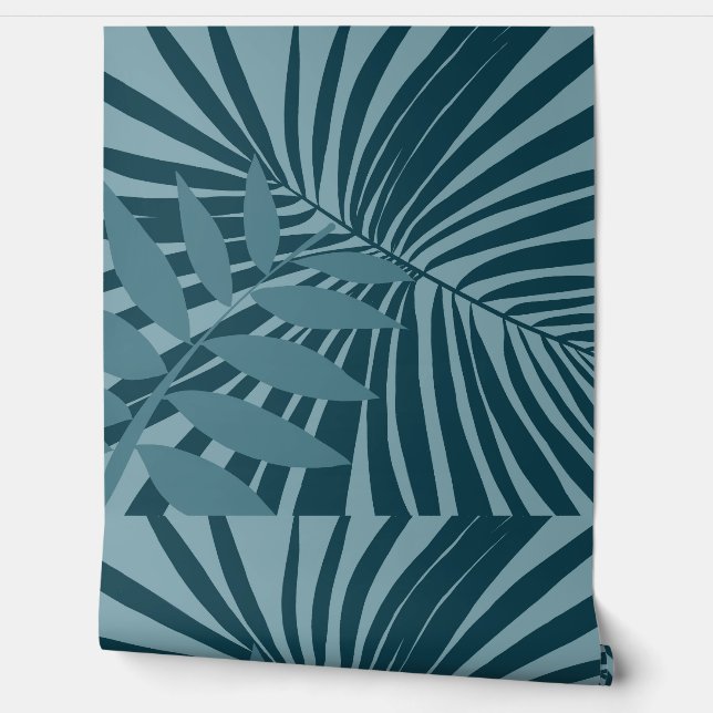 Palm & tropisch blad abstract in blauw groen grijs behang (Afrollen)