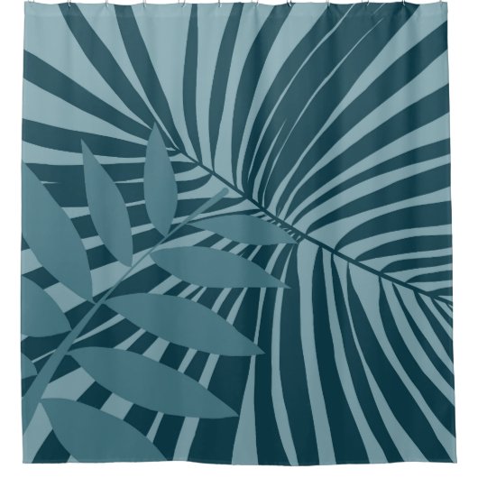 Palm & tropisch blad abstract in blauw groen grijs douchegordijn (Voorkant)