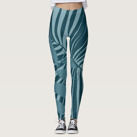 Palm & tropisch blad abstract in blauw groen grijs leggings (Voorkant)