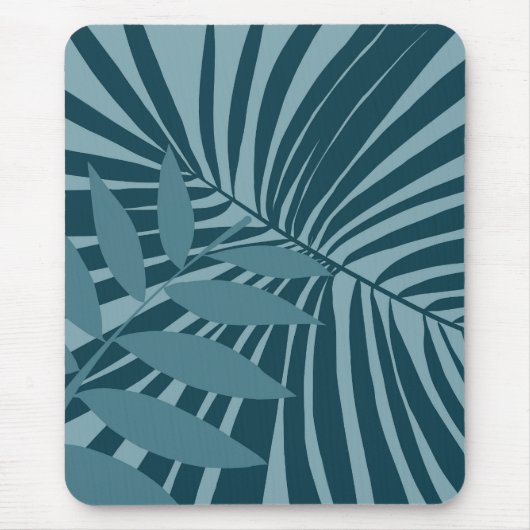 Palm & tropisch blad abstract in blauw groen grijs muismat (Voorkant)