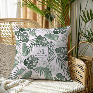 Palm Tropisch Blad Patroon Familie Monogram Naam Kussen