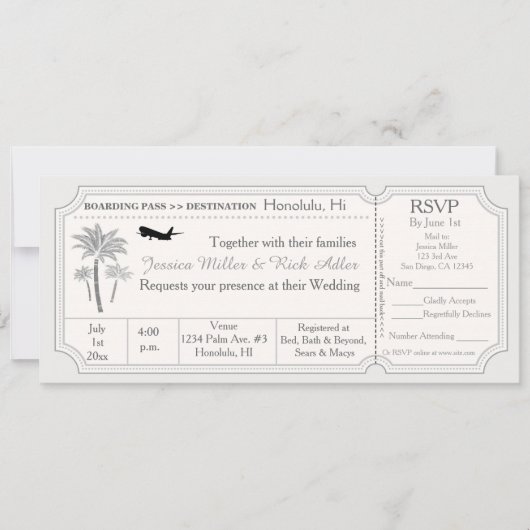 Palm Trouwbestemming Ticket Uitnodiging RSVP (Voorkant)