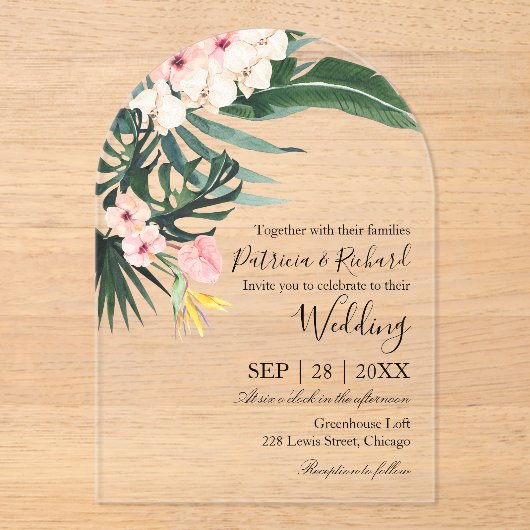 Palm verlaat tropische bestemming bruiloft acryl uitnodigingen (Voorkant)