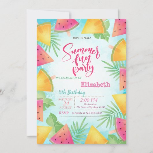 Palm verlaat Watermelon Summer Birthday Party Kaart (Voorkant)