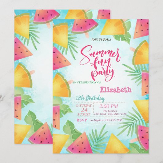 Palm verlaat Watermelon Summer Birthday Party Kaart (Voorkant / Achterkant)