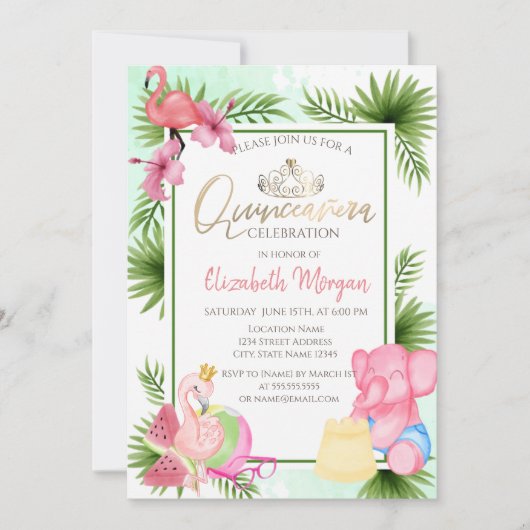 Palm Watermelon Flamingo EIephant Quinceañera Kaart (Voorkant)