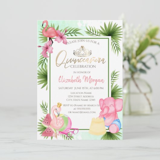 Palm Watermelon Flamingo EIephant Quinceañera Kaart (Staand voorkant)