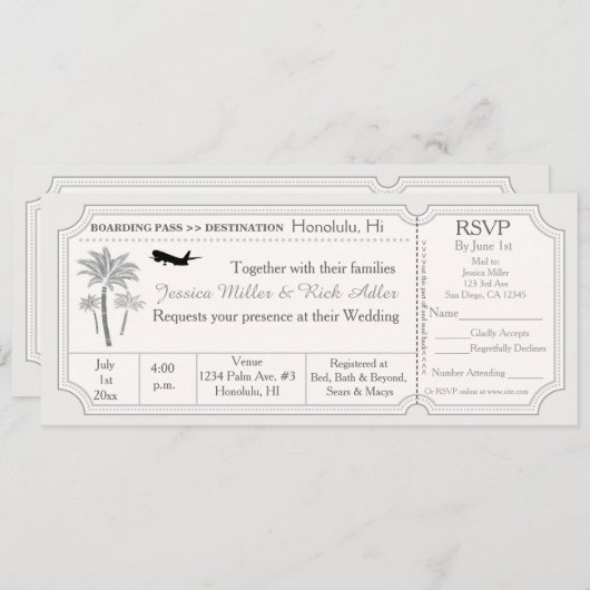 Palm Wedding Destination Ticket Invitation RSVP Kaart (Voorkant / Achterkant)