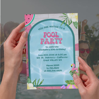 Palm Zomer Blauw Volwassen Pool Party Uitnodiging