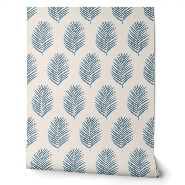 Palmblad Blauw En Crème Behang (Afrollen)