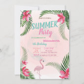 Palmblad, Bloemen, Flamingo Verjaardagsfeestje Kaart (Voorkant)