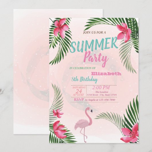 Palmblad, Bloemen, Flamingo Verjaardagsfeestje Kaart (Voorkant / Achterkant)
