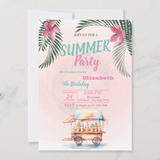 Palmblad, bloemen, ijs verjaardagsfeestje kaart (Voorkant)