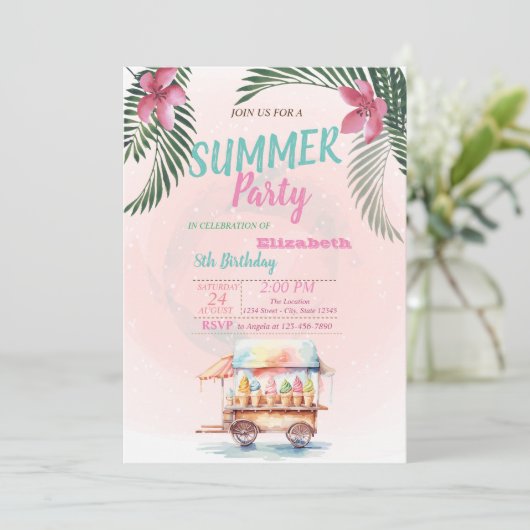 Palmblad, bloemen, ijs verjaardagsfeestje kaart (Staand voorkant)