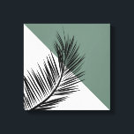Palmblad Canvas Afdruk<br><div class="desc">Minimale vormgeving in Scandinavische stijl met zwarte bladversiering en witte en groene driehoeken</div>