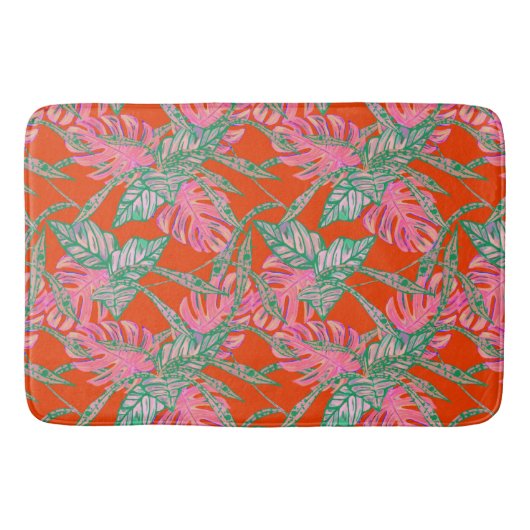 Palmblad en coleus tropisch rood roze groen badmat (Voorkant)