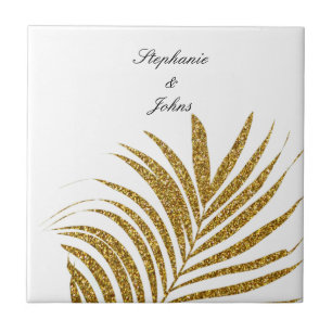 Palmblad Gouden Glitter Aangepaste Naam Trouwcadea Tegeltje