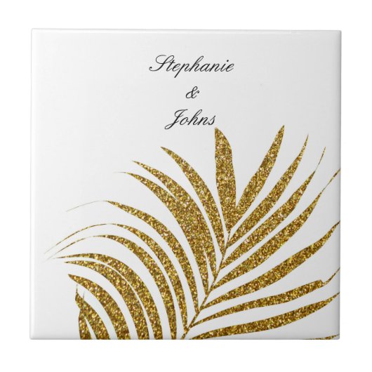 Palmblad Gouden Glitter Aangepaste Naam Trouwcadea Tegeltje (Voorkant)