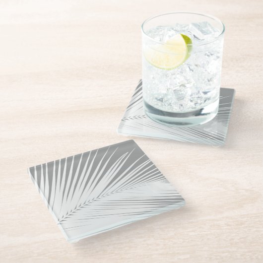 Palmblad - grijs en wit glazen onderzetter (Schuin)