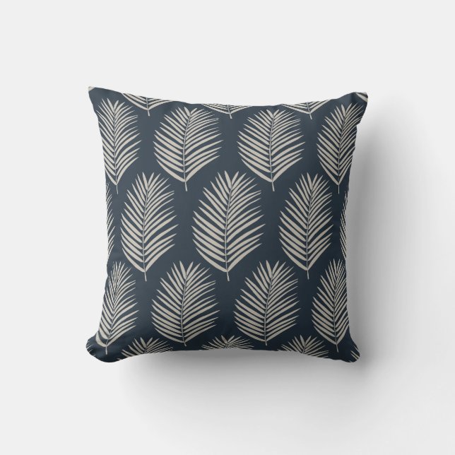 Palmblad marineblauw en crème kussen (Voorkant)