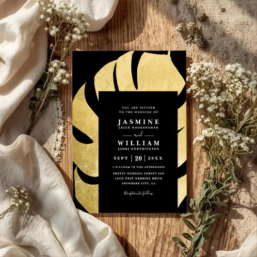 Palmblad op zwarte elegante chic QR-code bruiloft Kaart