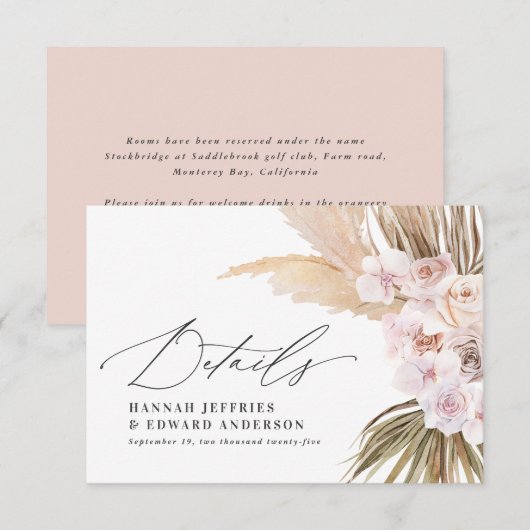 Palmblad pampas gras natuurlijke roze bruiloft RSVP kaartje (Voorkant / Achterkant)