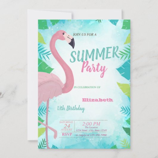 Palmblad, Roze Flamingo, Zomer Verjaardagsfeestje Kaart (Voorkant)