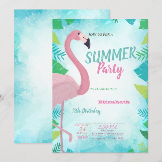 Palmblad, Roze Flamingo, Zomer Verjaardagsfeestje Kaart (Voorkant / Achterkant)