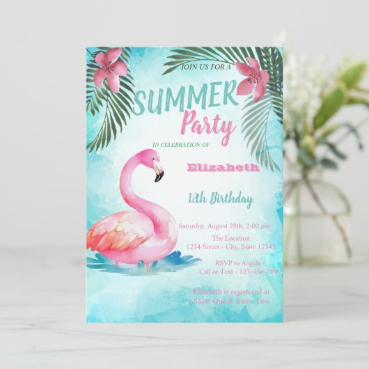 Palmblad, roze flamingo's Verjaardag Kaart (Staand voorkant)