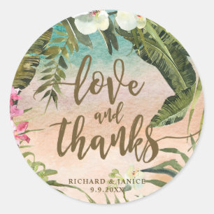 palmblad strand liefde en bedankt sticker bruiloft