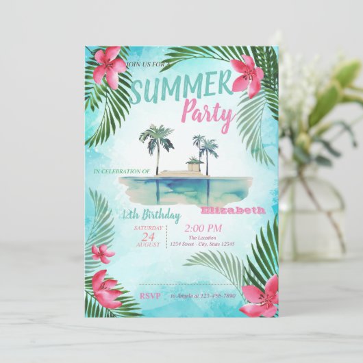 Palmblad, tropische bloemen, eiland verjaardagsfee kaart (Staand voorkant)