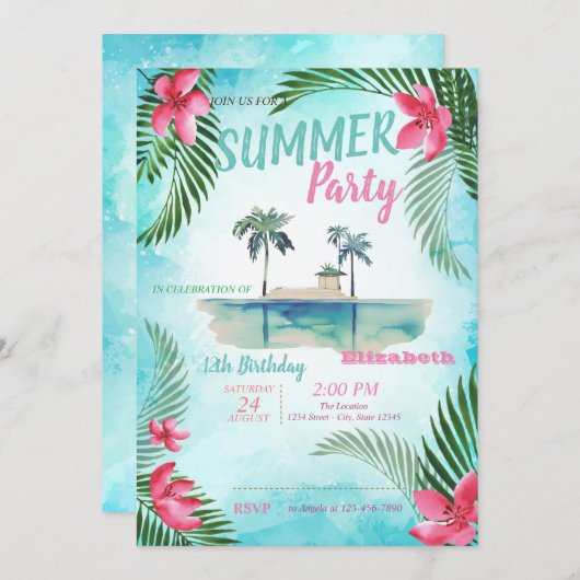 Palmblad, tropische bloemen, eiland verjaardagsfee kaart (Voorkant / Achterkant)