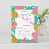 Palmblad, tropische vruchten roze flamingo verjaar kaart (Staand voorkant)