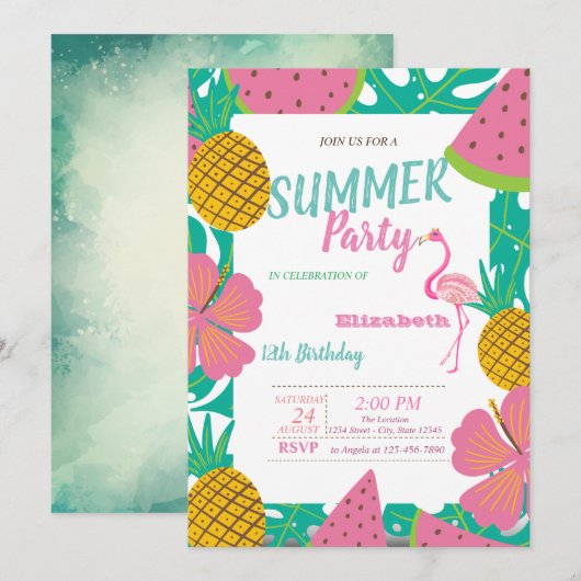 Palmblad, tropische vruchten roze flamingo verjaar kaart (Voorkant / Achterkant)