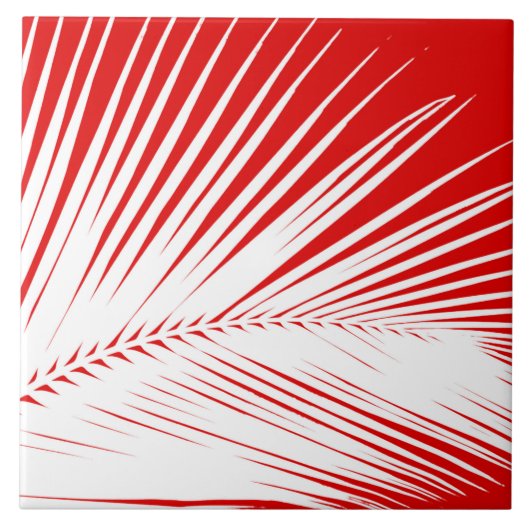 Palmblad - wit en donker koraalrood tegeltje (Voorkant)