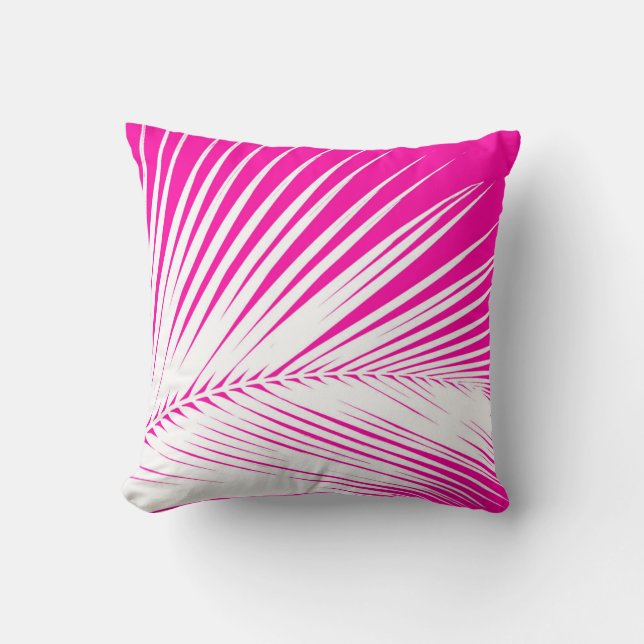 Palmblad - wit op fuchsia roze kussen (Voorkant)